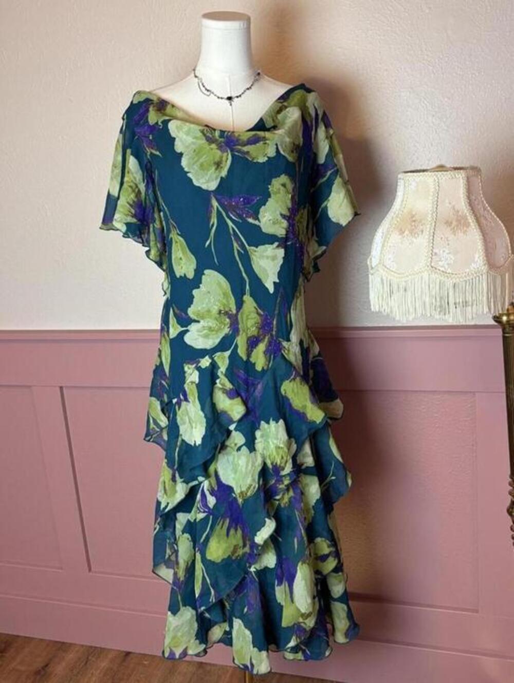 fairy beaded chiffon midi dress  vintage tiered ruffle signature by robbie bee